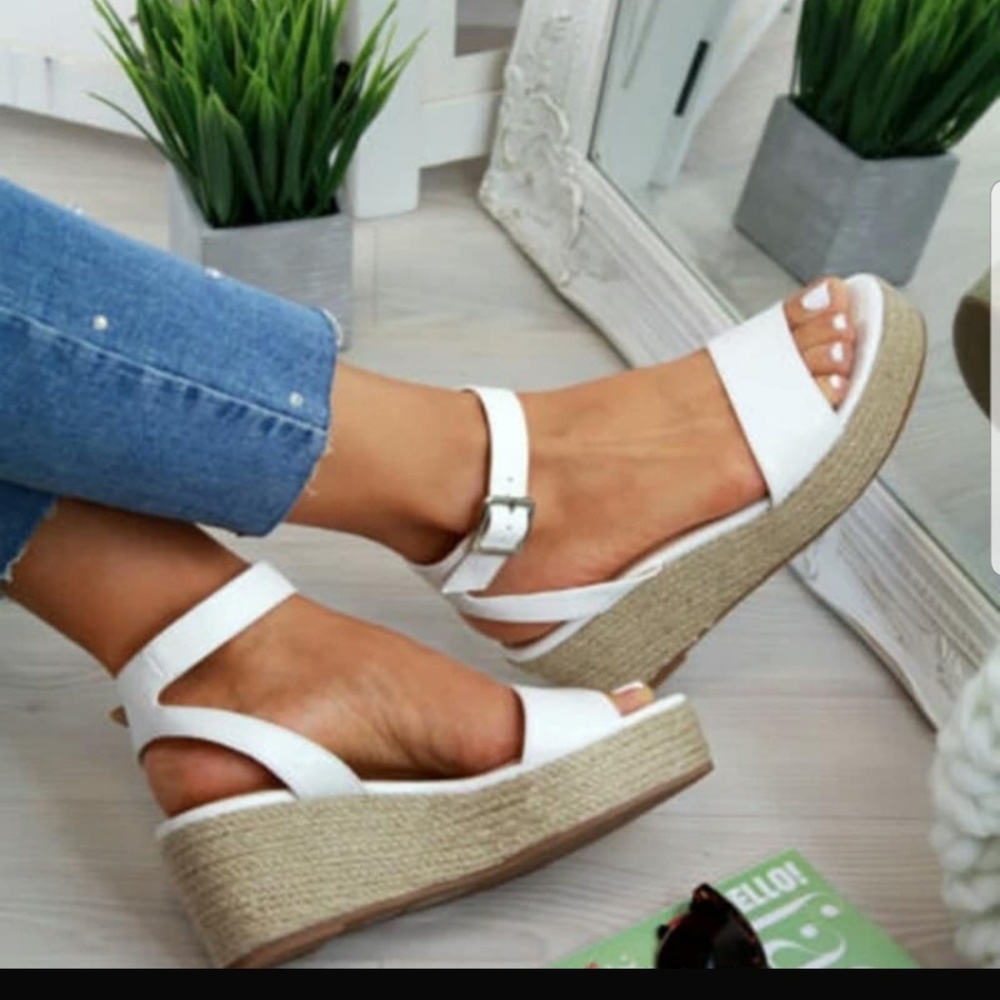 White espadrilles jute wedge platform shoes
